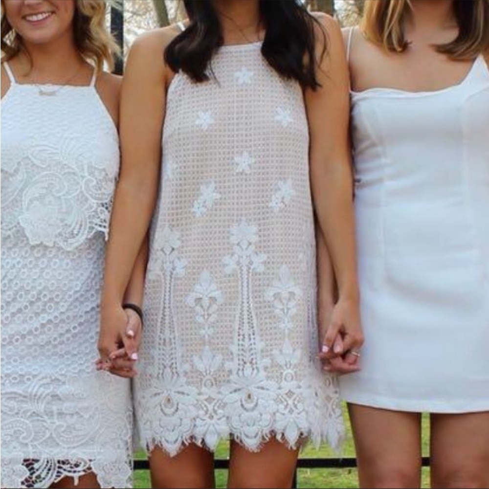 Francesca’s white lace dress with beige lining